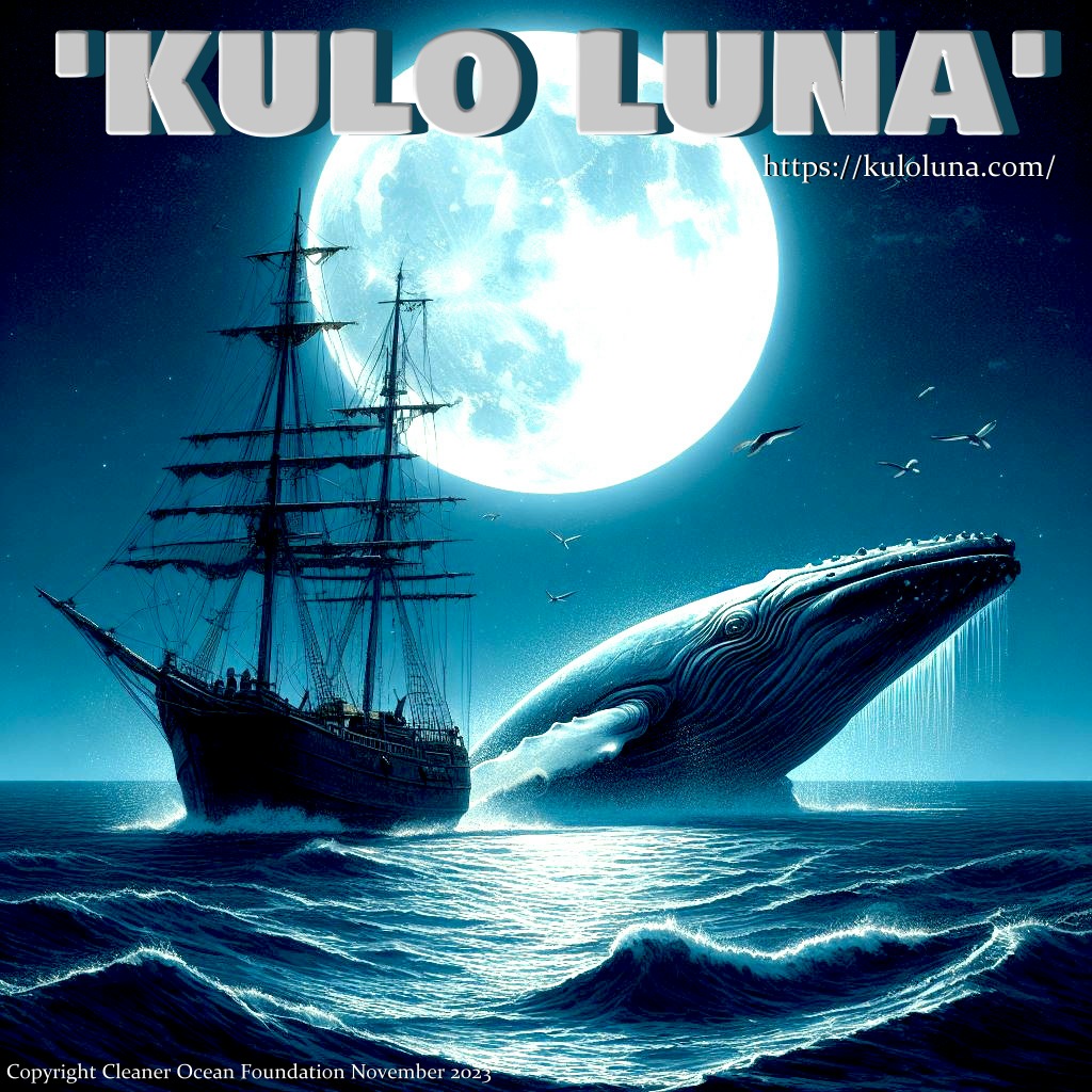Kulo Luna, the giant humpback whale, broaching by the light of a full moon, as a sailing ship passes by