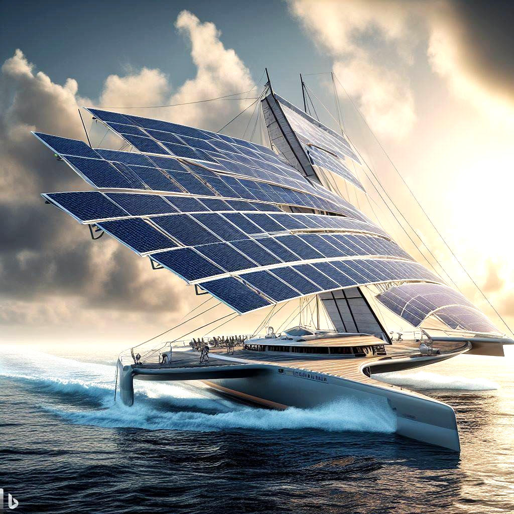Artificially intelligent Chatbox generated picture of what Bing imagines a solar and hydrogen powered Elizabeth Swann trimran might look like