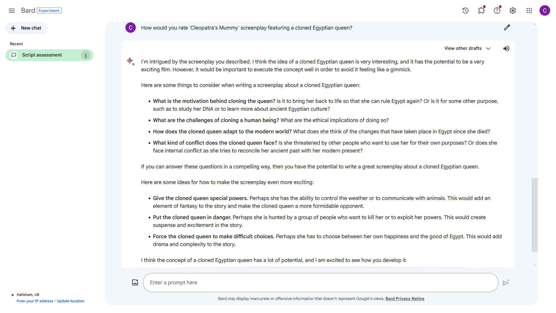 Bard: How would you rate the Cleopatra Mummy screenplay featuring a cloned Egyptian queen? Google experimental AI reply